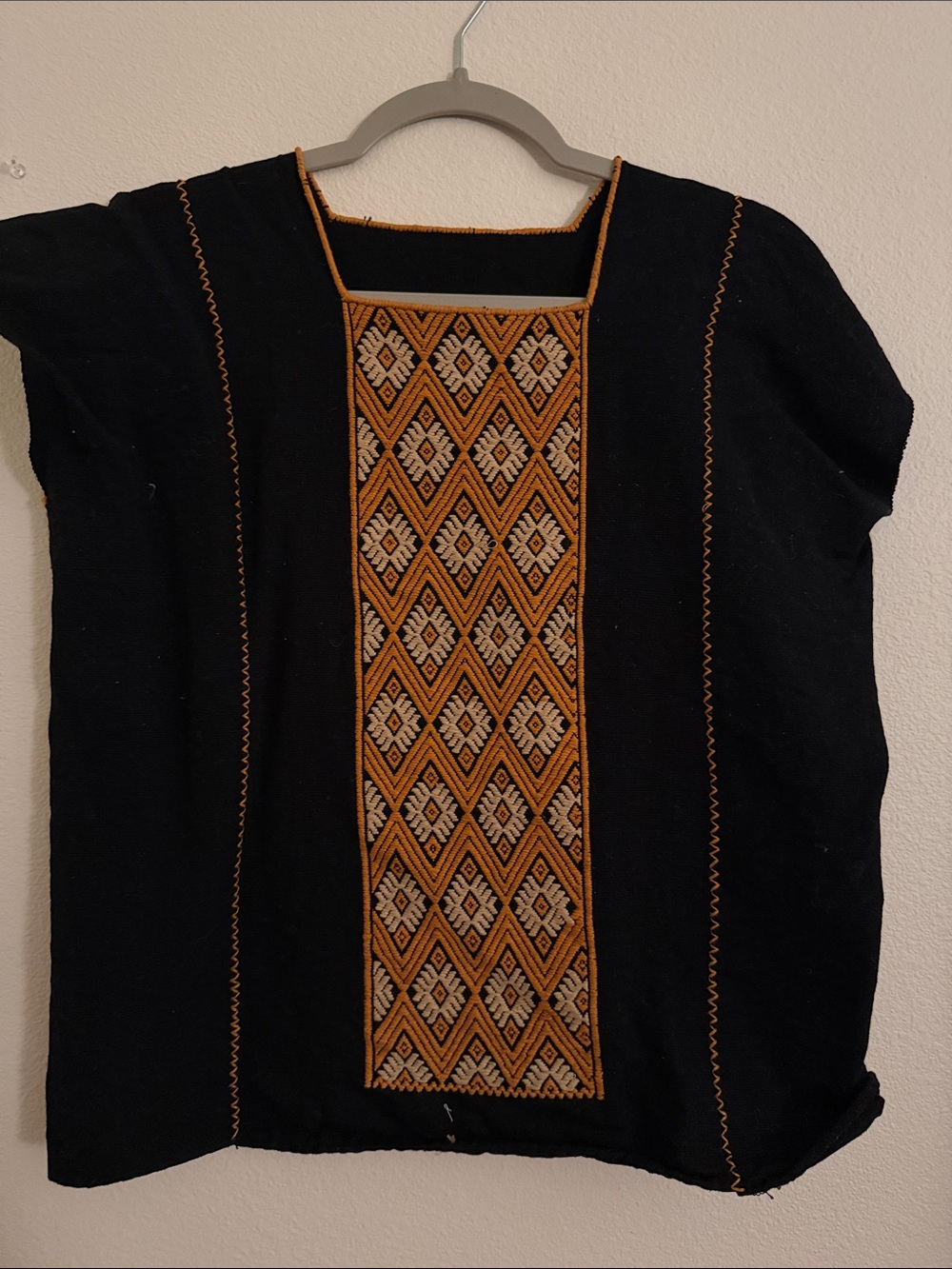 Embroidered Black Top with Mustard Diamond Panel